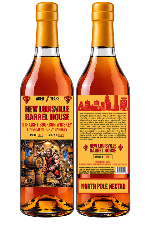 Two bottles of Nulu New Louisville North Pole Nectar Christmas Edition 7 Year Honey Barrel Finished Bourbon 130 Proof (Pre-Order), one showing the front label with a cartoon character in a barrel cellar and the other showing the back label.