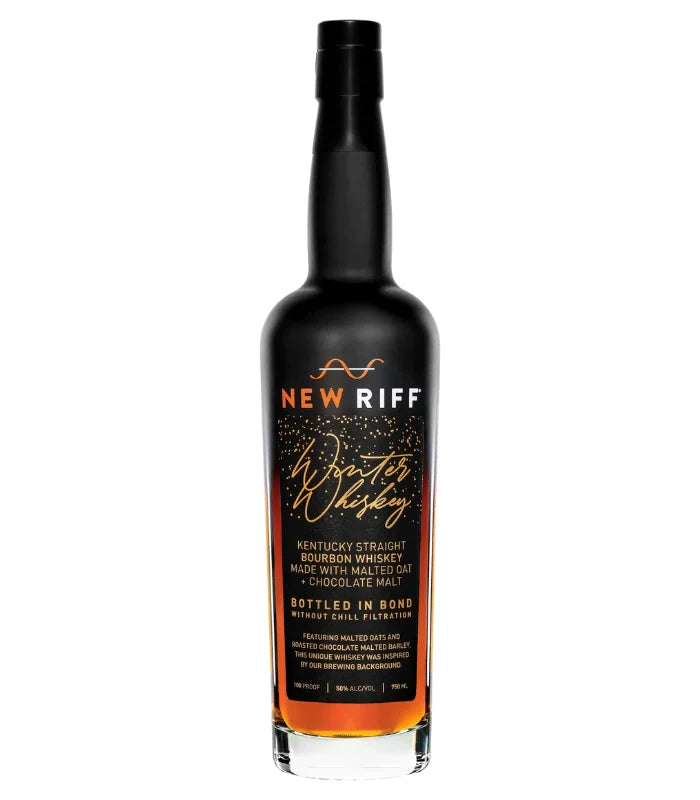A 750mL dark glass bottle of New Riff Winter Whiskey Bottled in Bond from New Riff Distilling, a limited annual Kentucky Straight Bourbon with malted oat and chocolate malt, bottled at 100 proof with a gold and white label.