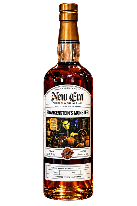 A bottle of New Era Frankenstein’s Monster Cask Strength 8 Year Single Barrel Bourbon (Pre-Order) by New Era, featuring vintage-style artwork of Frankenstein’s monster and lab equipment. The label highlights this cask strength single barrel release, with details about the 8 year bourbon inside and a classic corked top.