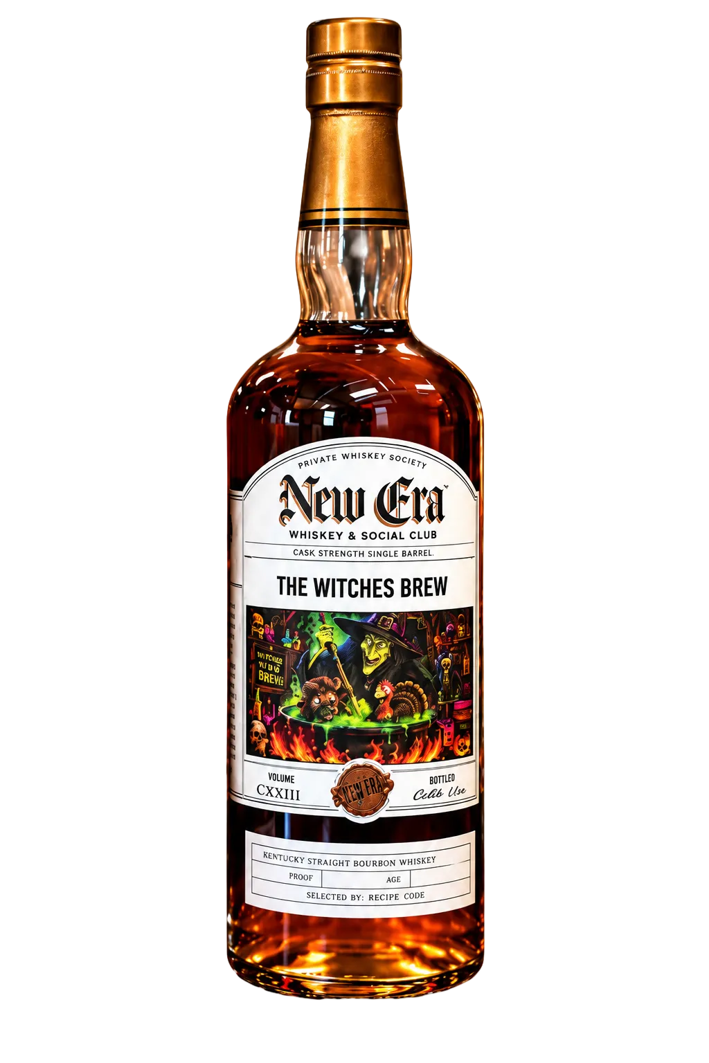 A bottle of New Era The Witches Brew Cask Strength 8 Year Single Barrel Bourbon (Pre-Order), featuring a vibrant, intricately designed label with witches, cauldrons, and flames. The label emphasizes that it is a limited edition cask strength bourbon from New Era.