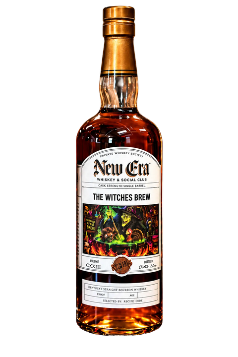 A bottle of New Era The Witches Brew Cask Strength 8 Year Single Barrel Bourbon (Pre-Order), featuring a vibrant, intricately designed label with witches, cauldrons, and flames. The label emphasizes that it is a limited edition cask strength bourbon from New Era.