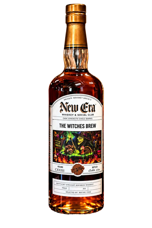 A bottle of New Era The Witches Brew Cask Strength 8 Year Single Barrel Bourbon (Pre-Order), featuring a vibrant, intricately designed label with witches, cauldrons, and flames. The label emphasizes that it is a limited edition cask strength bourbon from New Era.