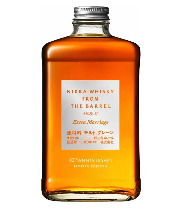 A 500mL rectangular bottle of Nikka Whisky From The Barrel Extra Marriage 40th Anniversary, filled with amber whisky and sealed with a silver cap.