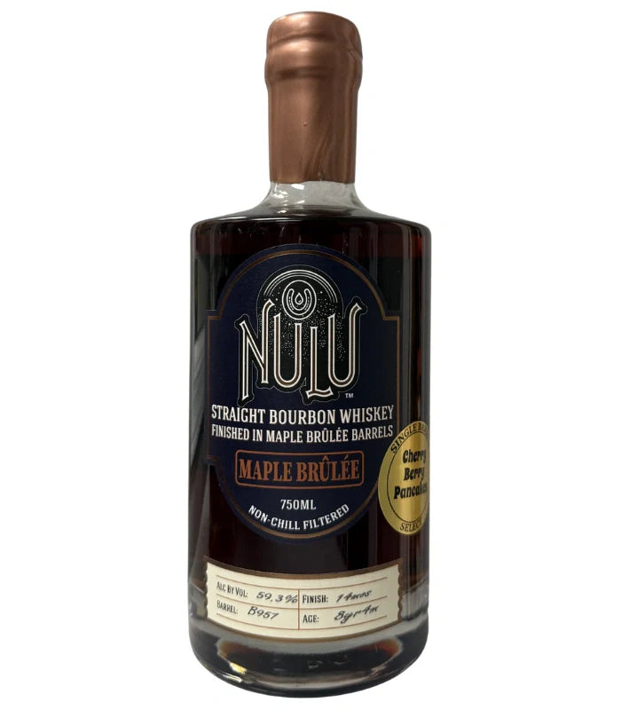 The Nulu 8 Year Single Barrel Bourbon Maple Brûlée Cherry Berry Pancakes, finished in maple brûlée barrels, offers notes of cherry, berries, and pancakes. It comes in a 750ml bottle with a copper wax seal and bold label.