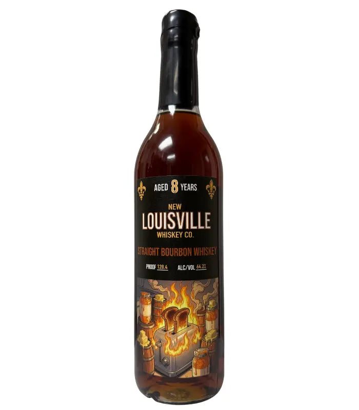 A bottle of Nulu New Louisville Whiskey Co. 8 Year Bourbon “West Coast Toast” Barrel #C499, 128.4 proof, features bourbon barrels, fire, and a glowing whiskey glass on the label. The dark bottle with black cap hints at this bold bourbon experience.