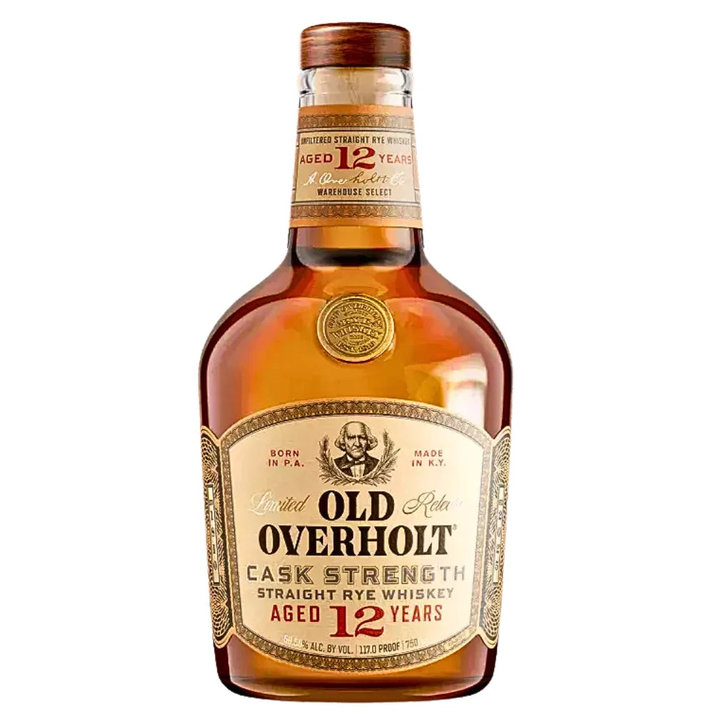 A limited edition bottle of Old Overholt 12 Year Cask Strength Rye 2025 Release features a tan and gold label with a portrait, plus bold red and black text emphasizing its age and cask strength.