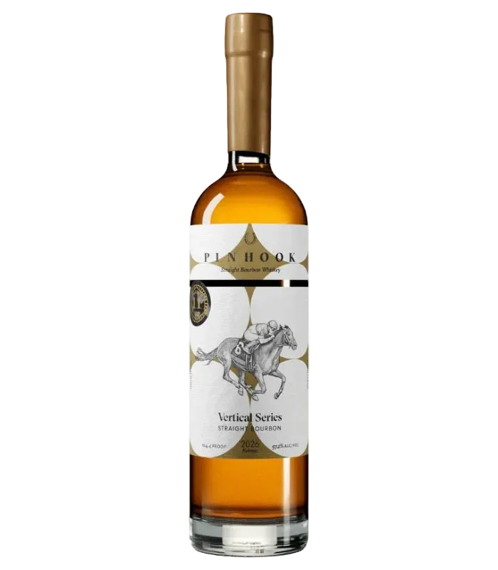A bottle of Pinhook Bourbon Vertical Series 11 Year Straight Bourbon Whiskey 2026 Release, adorned with a white label depicting a jockey riding a horse, gold accents, and a gold-capped top—an exceptional expression of American whiskey craftsmanship.