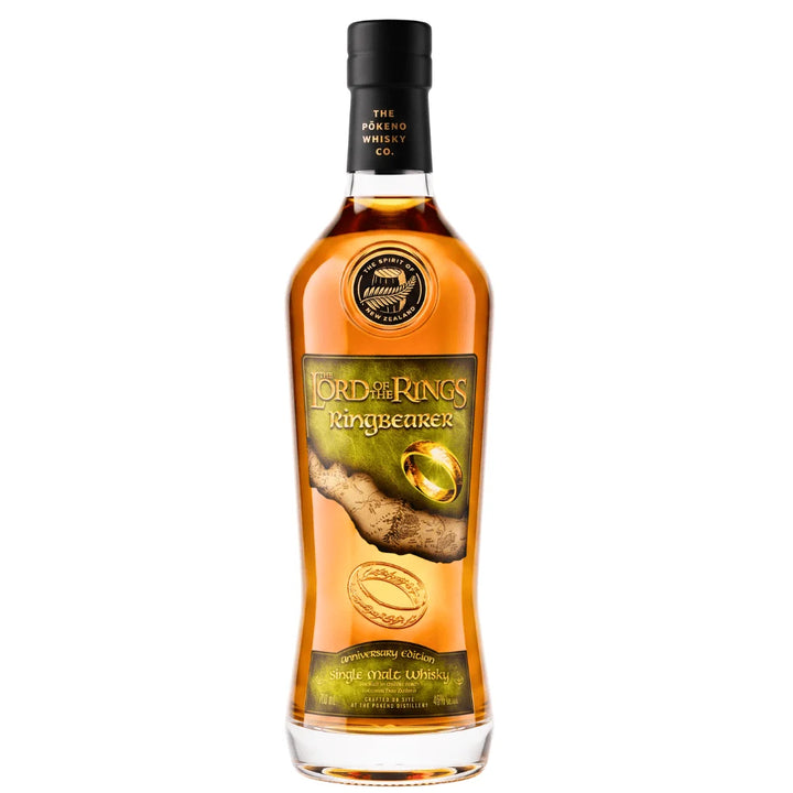 Introducing the Pōkeno The Lord of the Rings 25th Anniversary Ringbearer “The One Ring” Engraving Edition Single Malt Whisky (700mL) by Pōkeno Whisky—a stunning New Zealand single malt featuring iconic Lord of the Rings Ringbearer branding. Highlighted by an image of the One Ring on its label and a gold medallion near the cap, this exceptional collectible is a must-have for any fan, seamlessly combining masterful whisky craftsmanship with legendary Lord of the Rings memorabilia.