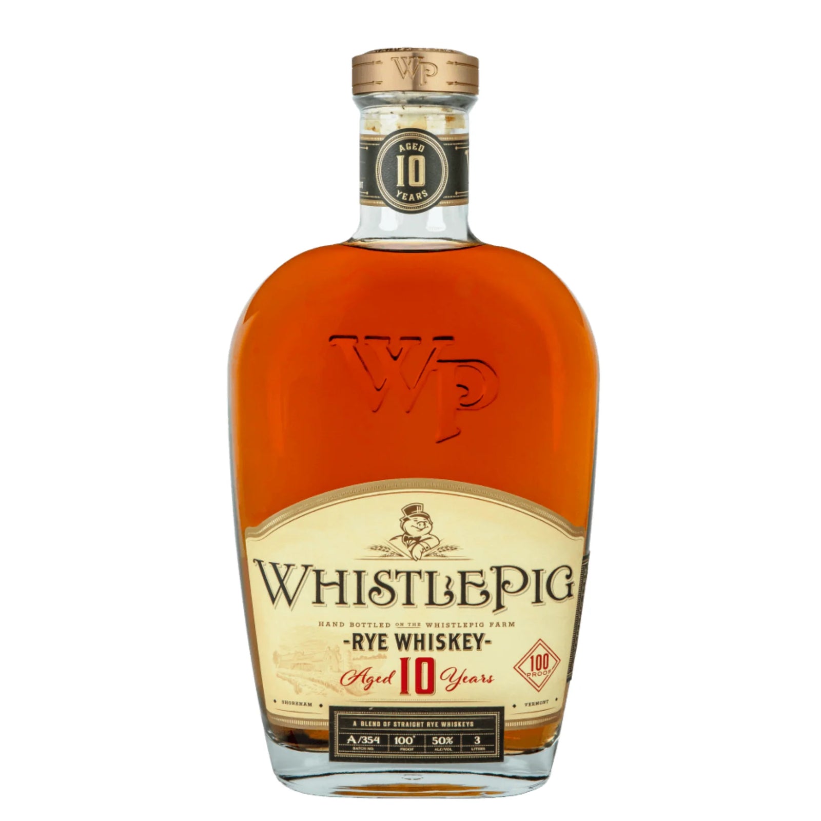 A 3L bottle of WhistlePig Small Batch Rye 10 Year Whiskey, featuring the brand’s logo and signature design elements on its label.