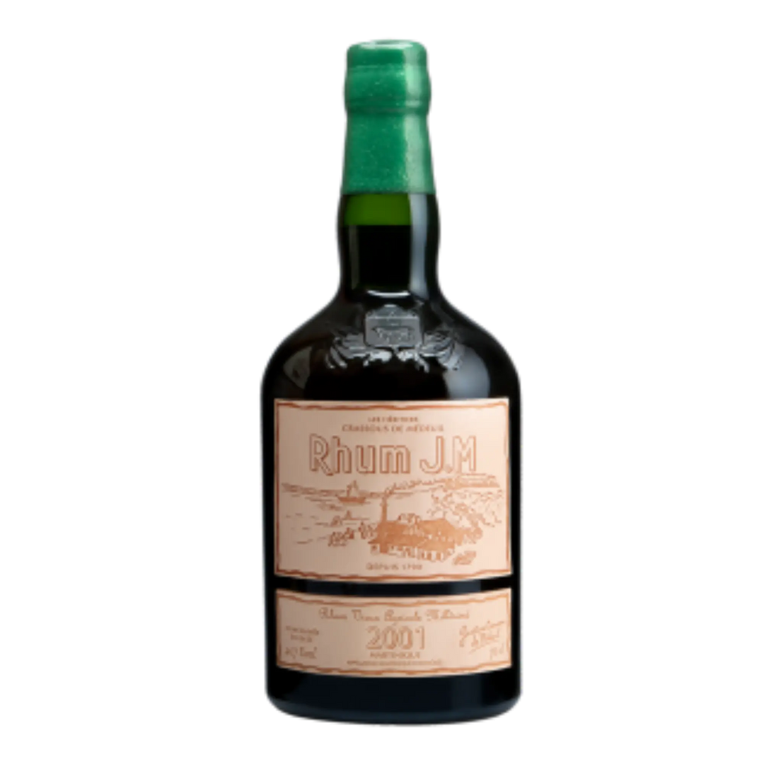A dark glass bottle of Rhum J.M 15 Year Vintage features a beige label with embossed text and illustrations, sealed with green wax. This single-vintage rhum from Rhum J.M is aged 15 years and crafted to cask strength perfection.