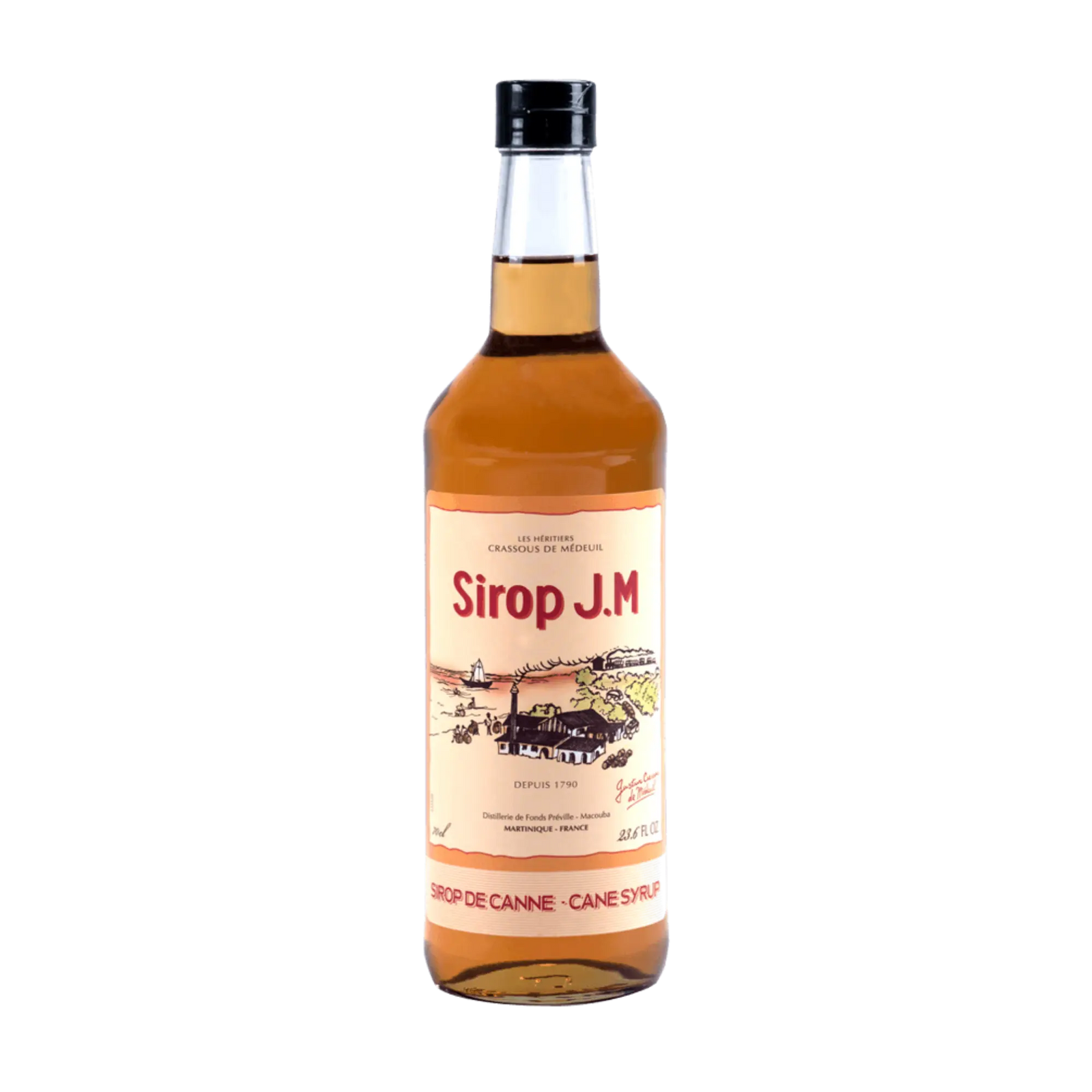 A clear glass bottle of Rhum J.M. Agricole Sirop De Canne Syrup with a black cap and a label featuring red and gold accents, sugarcane field and distillery illustration, plus the product name—ideal for Ti’ Punch.