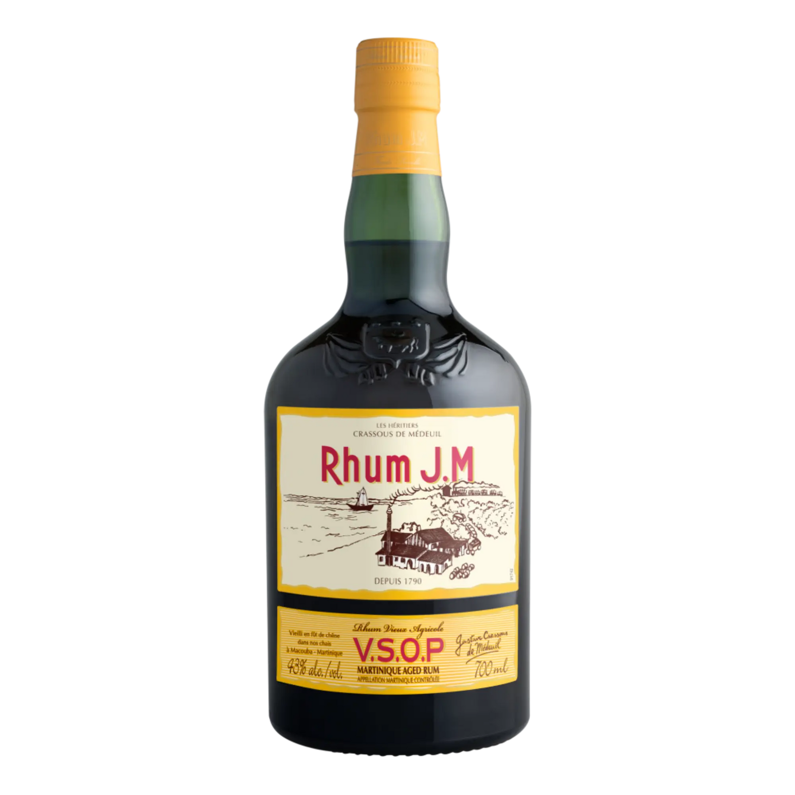 A 700ml bottle of Rhum J.M. V.S.O.P. Martinique Aged Rum with a yellow cap and distillery scene label, detailing maturation in Bourbon barrels, from the Rhum J.M brand at Habitation Bellevue.