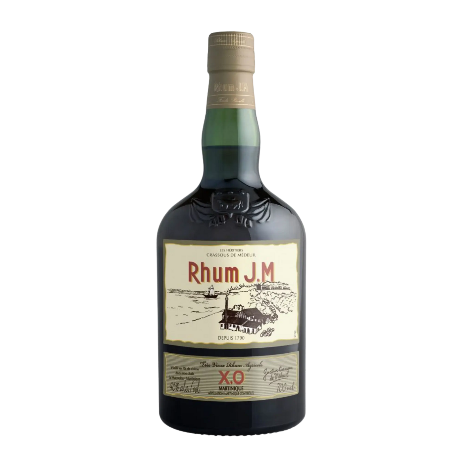 Rhum J.M. X.O. is a dark green glass bottle of rhum from Martinique with a beige label, gold accents, and gold cap. Aged in re-charred Bourbon barrels, it offers flavors of mango and passion fruit.