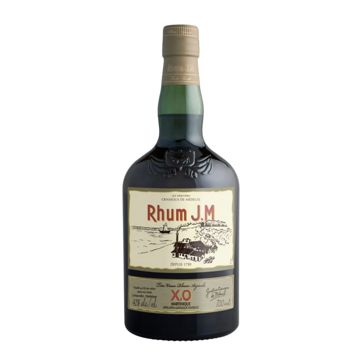 Rhum J.M. X.O. is a dark green glass bottle of rhum from Martinique with a beige label, gold accents, and gold cap. Aged in re-charred Bourbon barrels, it offers flavors of mango and passion fruit.
