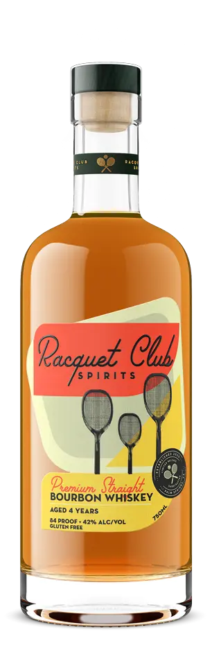 A 750ml bottle of Racquet Club Bourbon by Racquet Club, featuring a label with three tennis racquets in bold red, yellow, and cream. This small-batch bourbon is 43% ABV.