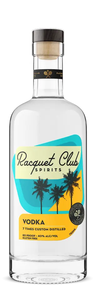 Racquet Club Spirits Vodka 750ml features a clear glass bottle, a vibrant label with palm trees and geometric teal and yellow accents, plus a black and gold cap. Enjoy this gluten-free, small-batch vodka at 80 proof from Racquet Club.