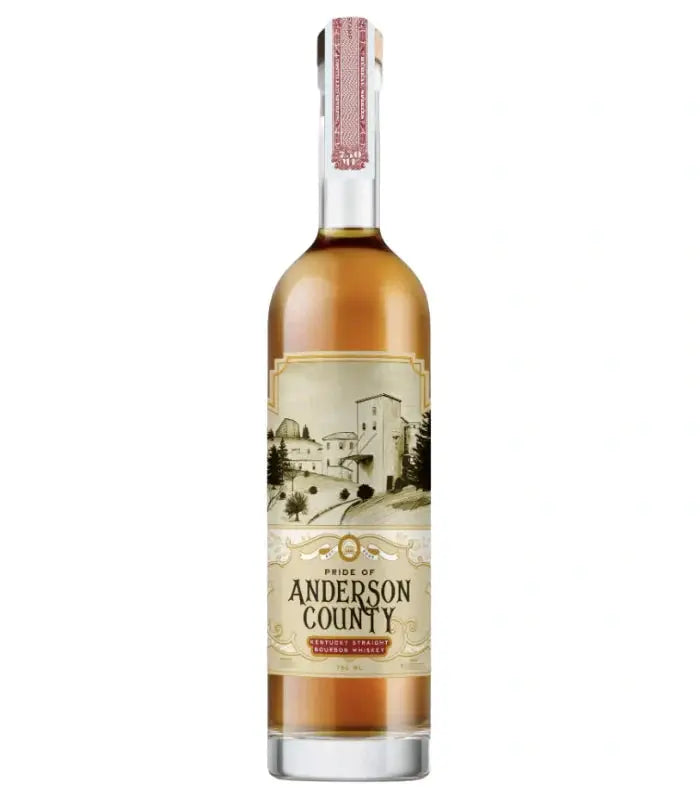 A bottle of Rare Character Pride of Anderson County 9.5 Year Kentucky Straight Bourbon from Rare Character Whiskey, featuring a cream-colored label with illustrations of buildings and trees—this collectible bourbon is highly prized by Rare Character enthusiasts.