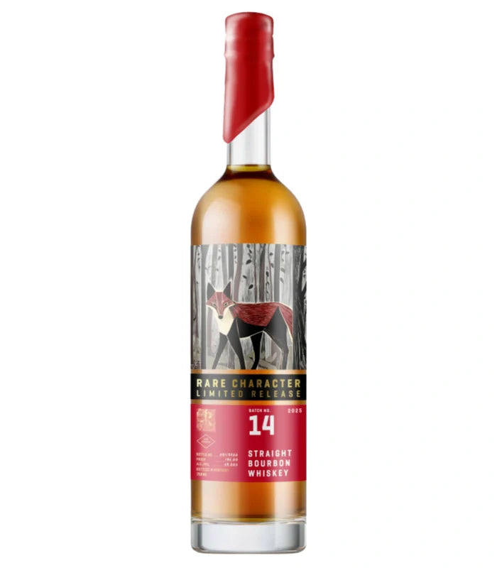 A bottle of Rare Character RCLR Kentucky Straight Bourbon Batch 14 2025 Release by Rare Character Whiskey, with a fox-in-forest label and red wax-sealed cap—a rare collector’s bourbon.