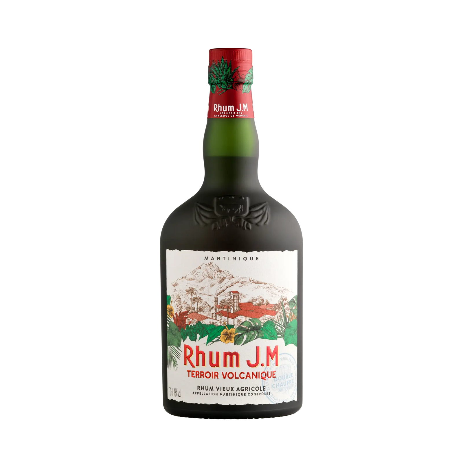 A dark green bottle of Rhum J.M. Terroir Volcanique Rum by Rhum J.M has a double-char process, a red and white label with a volcano, distillery buildings, lush foliage, and a red cap decorated with green leaves.