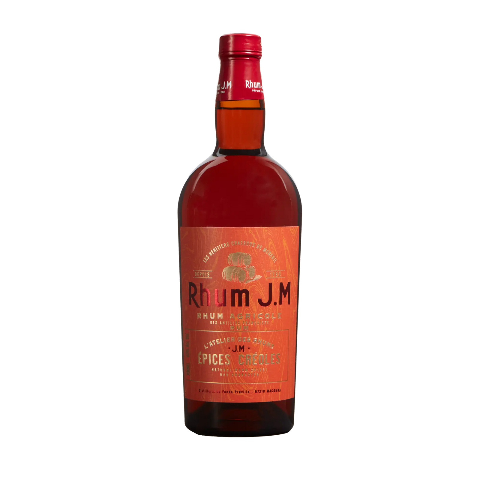 A bottle of Rhum J.M Atelier Épices Créoles features a red label and cap with gold and white text, decorative tropical patterns, and highlights its spicy French oak barrel-inspired character.