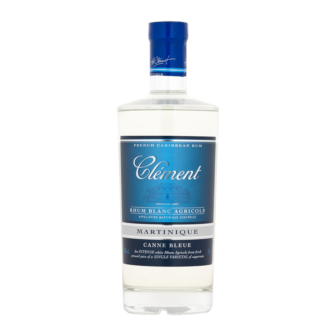 A clear bottle of Rhum Clément Canne Bleue White Rum from Rhum Clément, featuring a blue and white label and blue cap, is set against a plain white background.