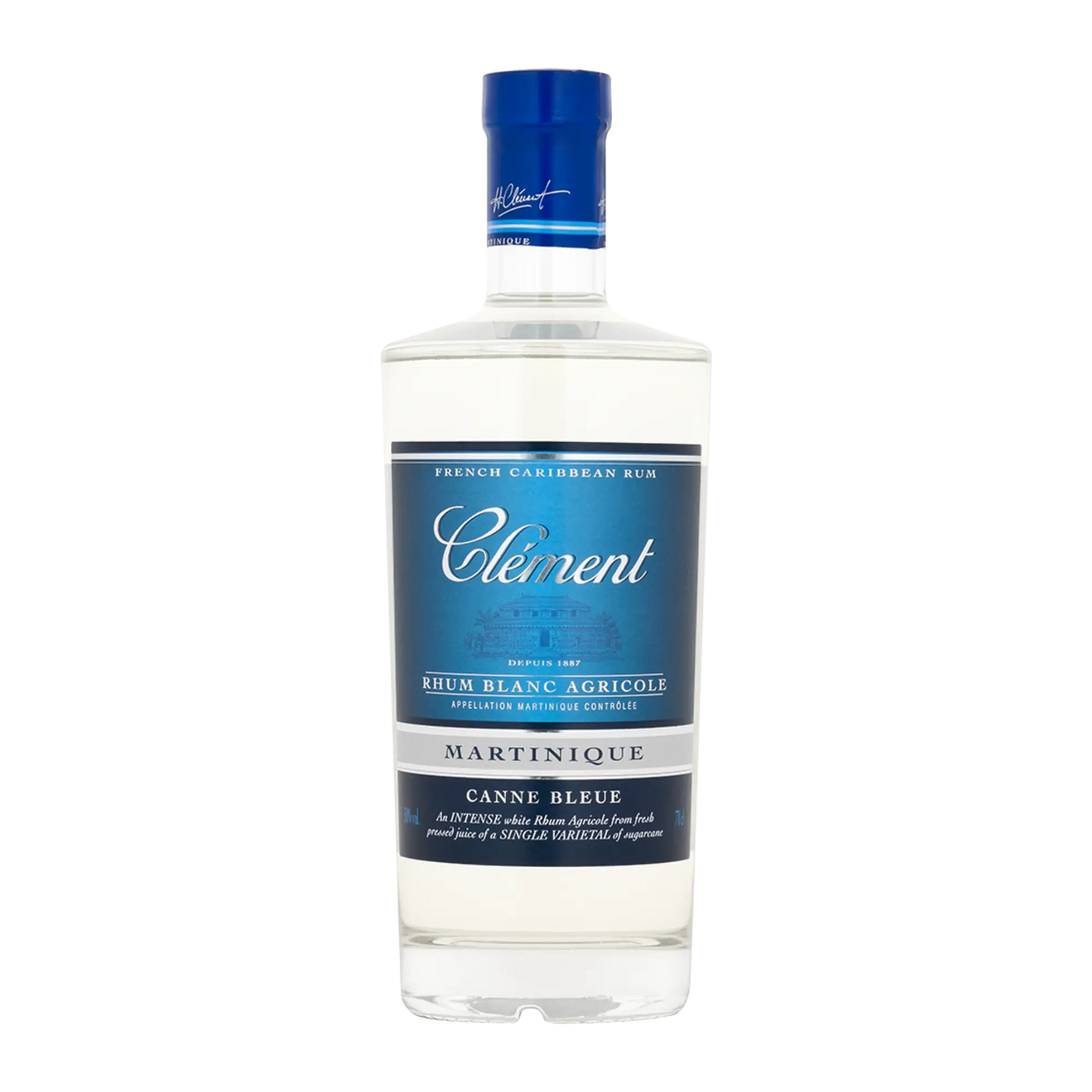 A clear bottle of Rhum Clément Canne Bleue White Rum from Rhum Clément, featuring a blue and white label and blue cap, is set against a plain white background.