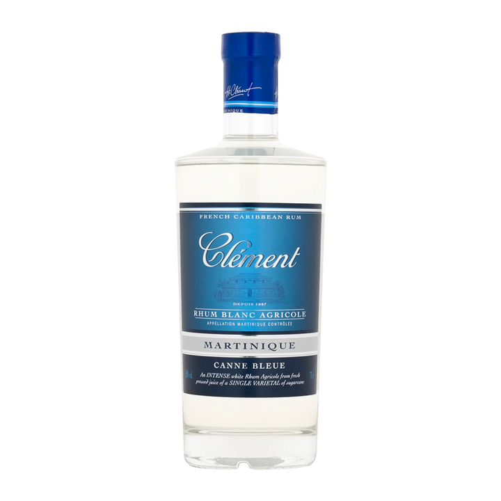 A clear bottle of Rhum Clément Canne Bleue White Rum from Rhum Clément, featuring a blue and white label and blue cap, is set against a plain white background.