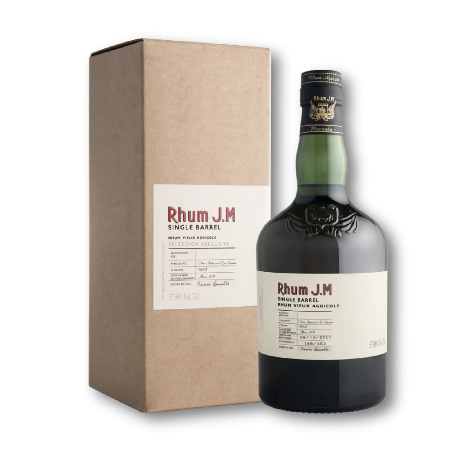 A bottle of Rhum J.M 2012 French Oak Finish #1212 stands in dark green glass with gold accents next to its tall brown box, both featuring matching detailed labels displaying product information.