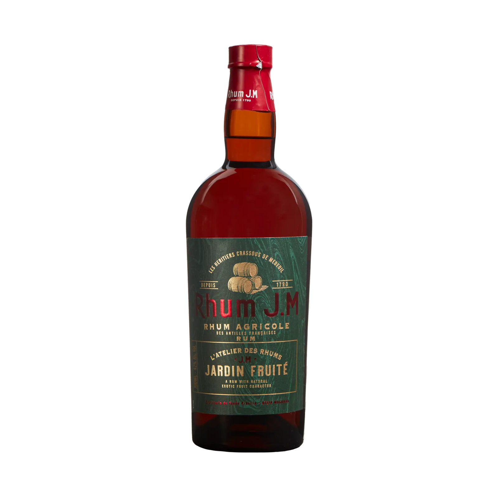 A bottle of Rhum J.M Atelier Jardin Fruité by Rhum J.M, an aged rum in French oak barrels, with a green label accented in gold and red text and a red cap, displayed against a plain white background.