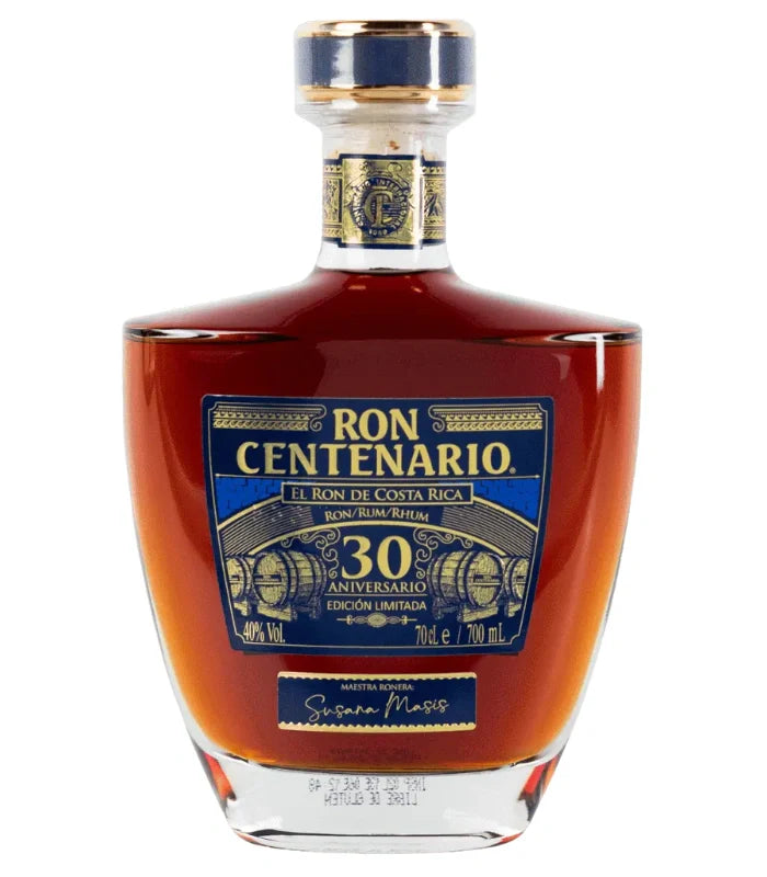 Ron Centenario 30 Aniversario Costa Rican Rum Limited Edition (700mL, 40% vol) features a premium blue and gold label with gold lettering, clear glass stopper, and showcases the craftsmanship of the Ron Centenario brand.