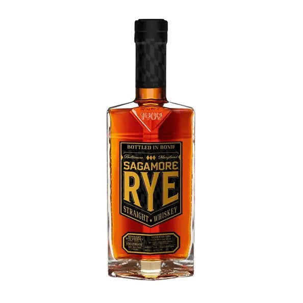 A bottle of Sagamore Spirit 8 Year Bottled in Bond Straight Rye Whiskey with a black and gold label featuring the “Bottled in Bond” text, shown against a plain white background.