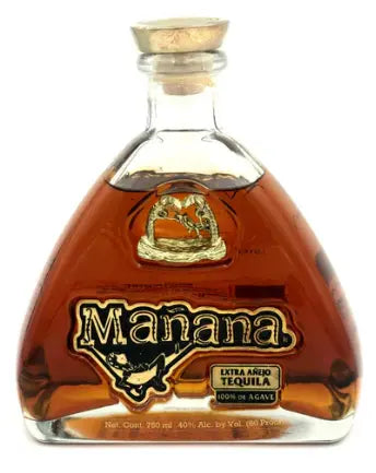 A bottle of Manana Extra Anejo Tequila – Premium Aged 100% Agave Tequila by Manana, featuring amber spirit and gold-and-black decorative labels, finished with a cork stopper.