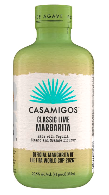 The Casamigos Tequila FIFA World Cup 2026 Margarita Limited Edition 375mL features a green cap, beige and green label with blue agave graphic, and is the official margarita of the FIFA World Cup 2026.