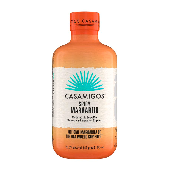Casamigos Tequila FIFA World Cup 2026 Spicy Margarita Limited Edition 375mL features an orange and white label with blue agave logo, made with tequila, and is the official margarita for FIFA World Cup 2026.