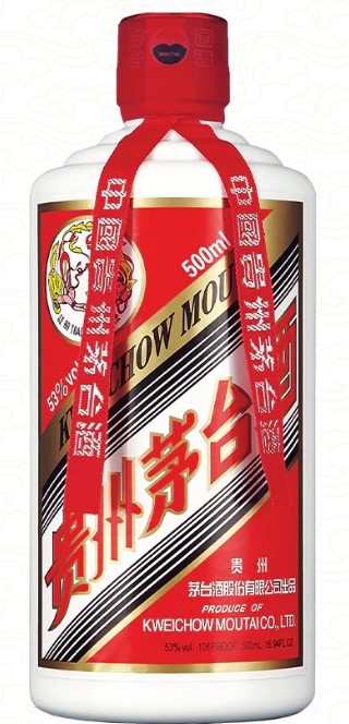 A white bottle with a red cap and ribbon, gold, red, and black labels, and text reading "Kweichow Moutai Baijiu 500ML" from Moutai America, with some Chinese characters and a 500ml capacity.