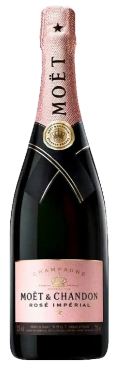 Moët & Chandon Rose Imperial Champagne is a rosé sparkling wine crafted by Moët & Chandon using the traditional méthode champenoise, featuring a signature pink foil top and black label with gold and pink accents.
