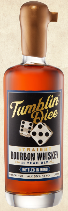 A bottle of Tumblin’ Dice Straight Bourbon Whiskey 11 Year Old Bottled in Bond, featuring a gold wax seal, black label with gold and white text, and images of two dice. Brand: Tumblin' Dice.