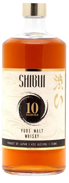 Shibui Whisky’s 10 Year Pure Malt Japanese Whisky features amber liquid, a label with Japanese characters, origin details, 43% ABV, and comes in a 750ml bottle—ideal for fans of premium Japanese whisky.