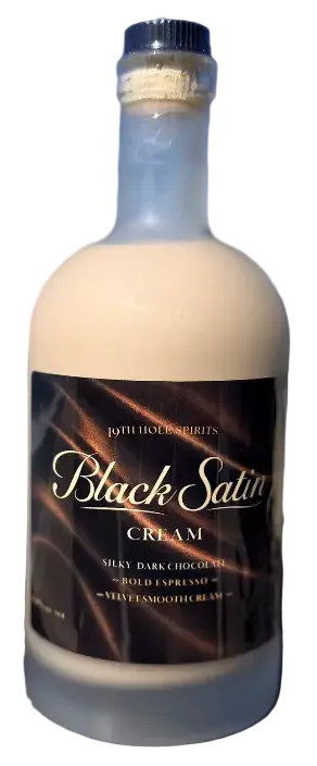 A bottle of Main Street Liquor Black Satin Chocolate Espresso Sipping Cream—a rich, silky cream liqueur with bold espresso and chocolate flavors—velvet smooth and perfect for dessert cocktails.