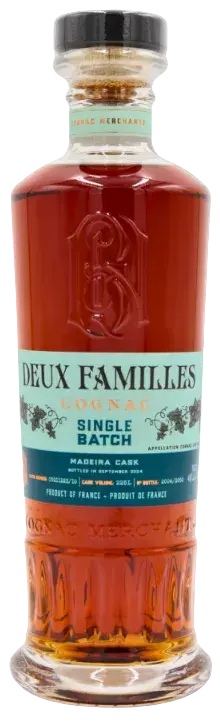 A bottle of amber-colored Deux Familles Single Batch Madeira Cask Cognac 700mL featuring a mint green label.