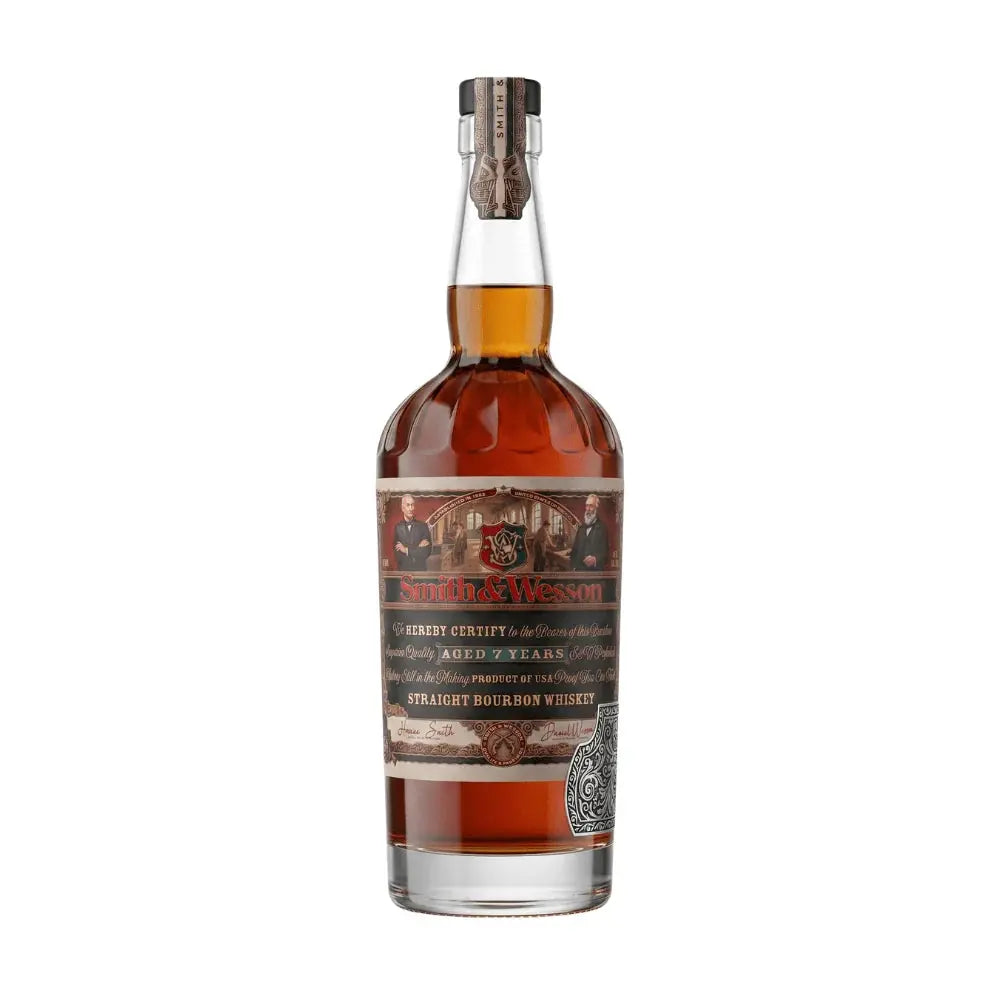 A 750ml bottle of Smith & Wesson 7 Year Straight Bourbon Whiskey from Smith & Wesson, featuring a detailed label and a wax-sealed cap, filled with amber-hued American bourbon whiskey and isolated on a white background.