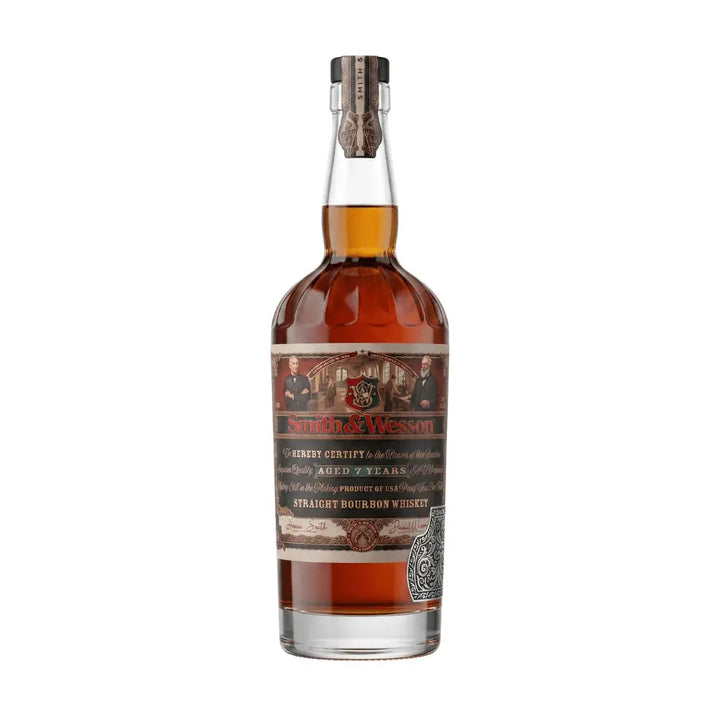 A 750ml bottle of Smith &amp; Wesson 7 Year Straight Bourbon Whiskey from Smith &amp; Wesson, featuring a detailed label and a wax-sealed cap, filled with amber-hued American bourbon whiskey and isolated on a white background.