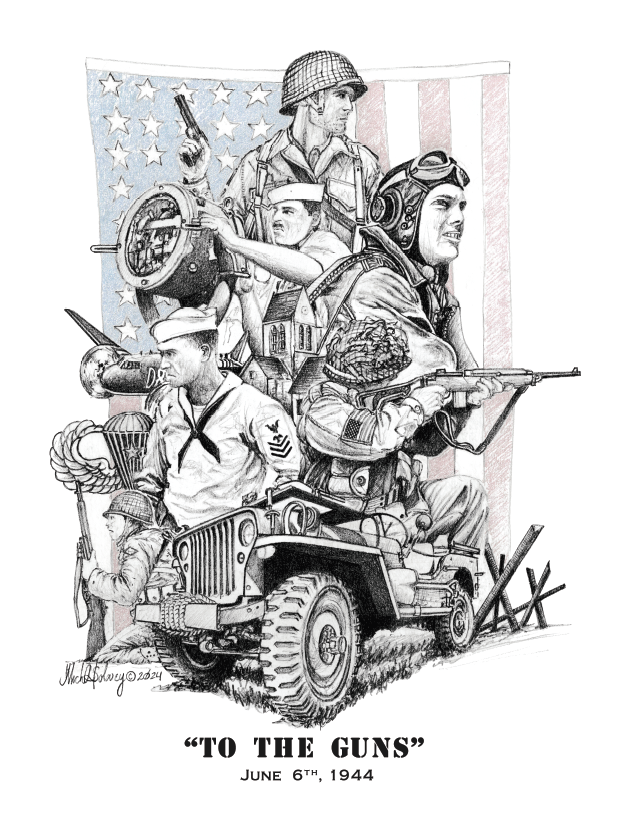 Illustration of WWII U.S. soldiers, pilot, and sailor on a Jeep before a flag, captioned “TO THE GUNS” with date June 6th, 1944. Celebrate history with Heritage Distilling’s Special Operations Salute™ Whiskey—D-Day 80th Anniversary set.