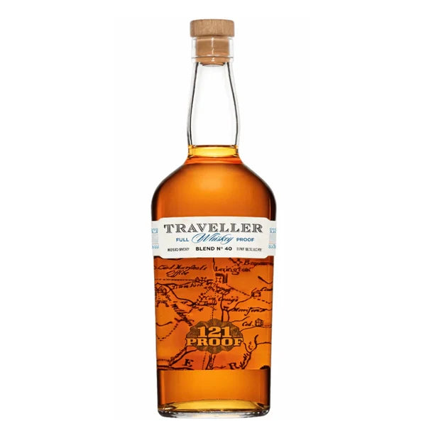 A bottle of The Traveller Whiskey’s Traveller Full Proof Whiskey 121 Proof By Chris Stapleton, a collaboration with Buffalo Trace, featuring map-inspired graphics and a wooden cap.