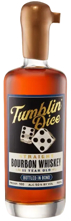 A bottle of Tumblin’ Dice Straight Bourbon Whiskey 11 Year Old Bottled in Bond, featuring a gold wax seal, black label with gold and white text, and images of two dice. Brand: Tumblin&