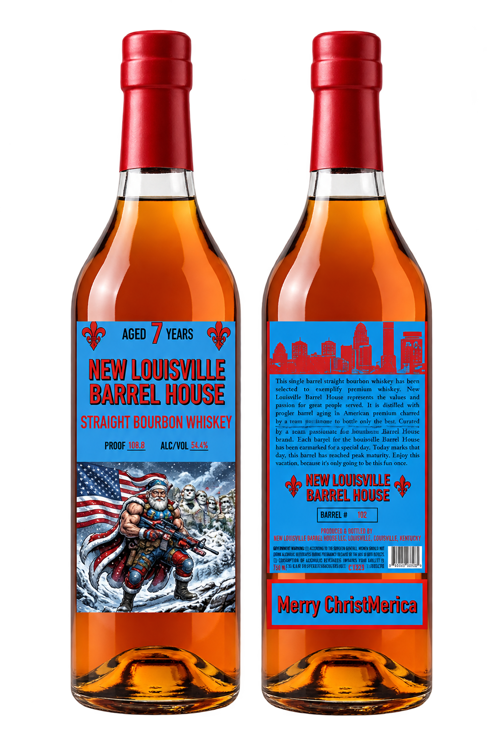 Two bottles of Nulu New Louisville Merry ChristMerica Christmas Edition 7 Year Bourbon with red wax seals, one displaying a Santa Claus front label and the other showing a back label with brand details and a city skyline silhouette.
