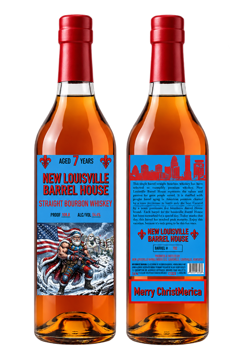 Two bottles of Nulu New Louisville Merry ChristMerica Christmas Edition 7 Year Bourbon with red wax seals, one displaying a Santa Claus front label and the other showing a back label with brand details and a city skyline silhouette.