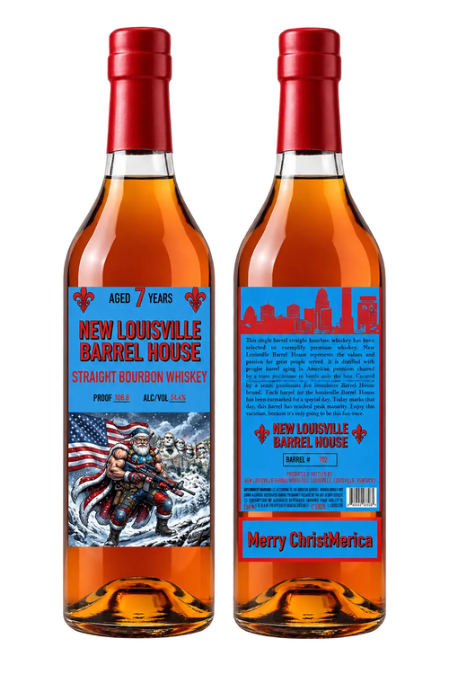 Two bottles of Nulu New Louisville Merry ChristMerica Christmas Edition 7 Year Bourbon with red wax seals, one displaying a Santa Claus front label and the other showing a back label with brand details and a city skyline silhouette.