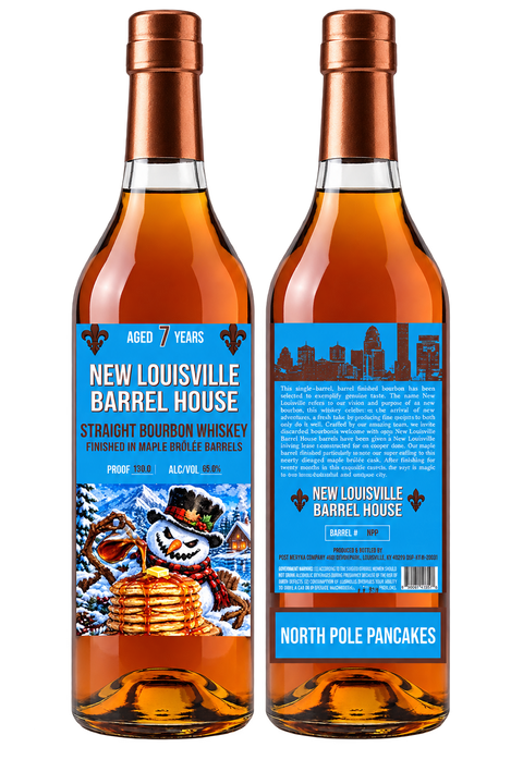 A bottle of New Louisville North Pole Pancakes Christmas Edition 7 Year Maple Brûlée Finished Bourbon 130.8 Proof (Pre-Order) with a blue label featuring a cartoon snowman holding a stack of pancakes and a description of the maple brûlée finish.