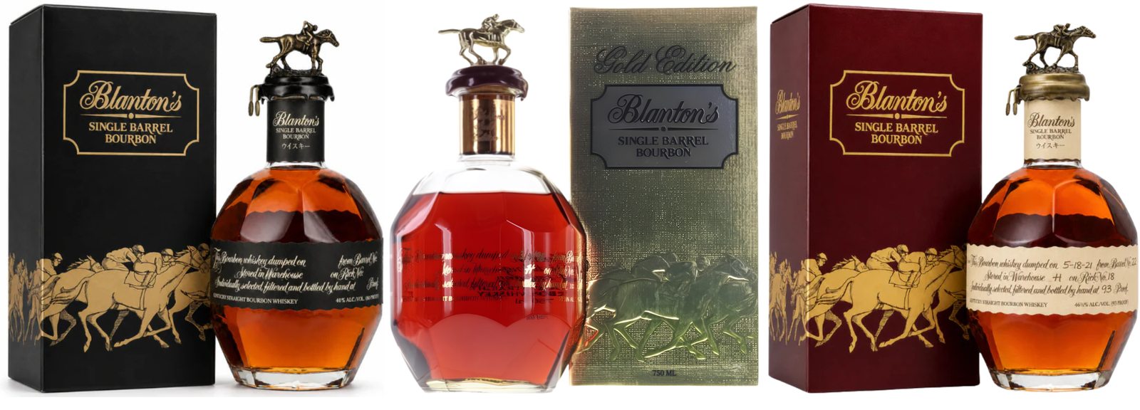 The Blanton's Takara Collection Japanese Edition Bourbon Bundle includes four bottles, each with a signature horse topper and unique black, gold, and maroon packaging adorned with gold lettering and horse designs.